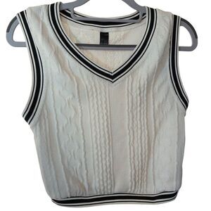 SHEIN Women's White Sweater Vest M Black Trim V-Neck Sleeveless